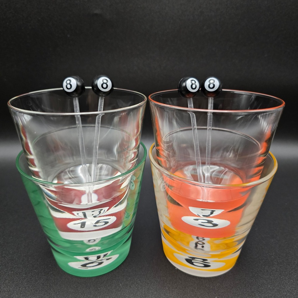 Billiard Pool Lowball Cocktail Whisky/Glasses Set of 4 with 8-Ball Stir Sticks